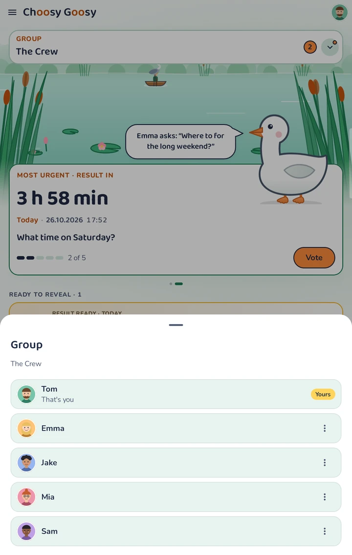Choosy Goosy — Rodina, přátelé, spolubydlící — každé hejno má svou skupinu a pozvánku.