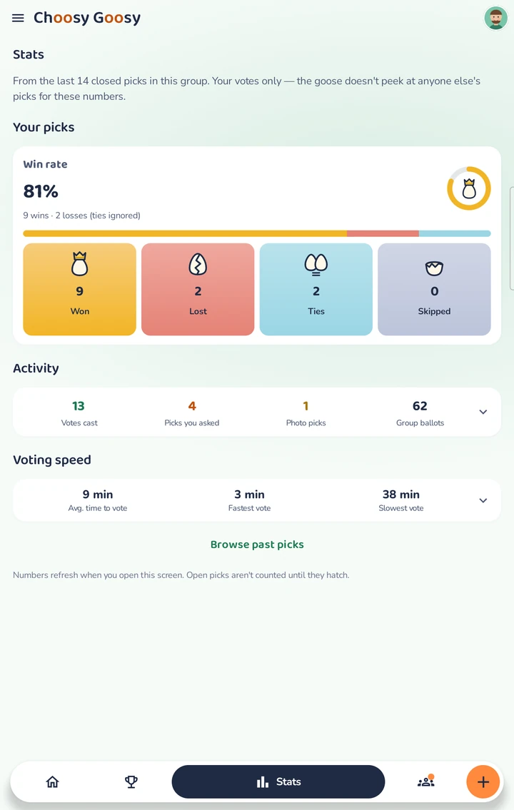 Choosy Goosy — Kdo nejčastěji trefí vítěze? Statistiky hejna prozradí vše.