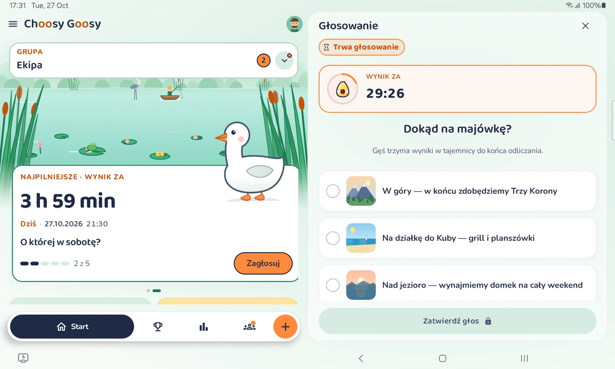 Choosy Goosy na tablecie w poziomie: stado i głosowanie obok siebie